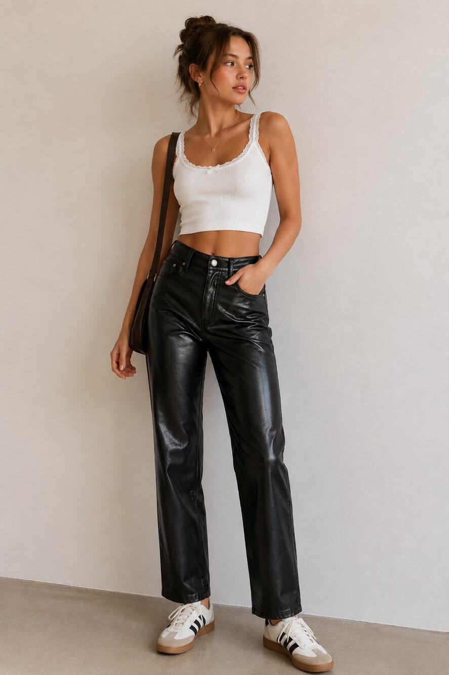 Wilfred Aritzia Black Faux Leather High Rise Straight Leg Pants Womens 6 Preppy